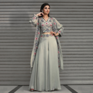 Oraganza jacket with sleve less embroired blouse with glare pallazo pants