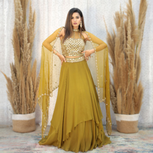 Halter Neck Blouse with Mirror hand embroidery & a layered organza skirt with cancan & mirror embroidred scalloped dupatta.