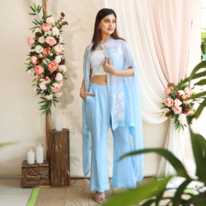 Organza Cape with thread and hand embroider with lace bustier paired with oraganza bell bottoms