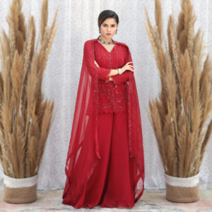 Short georgette kurta with tonal hand embrpidery & a flared bais pallazo with 4 side hand embroiderd organza dupatta