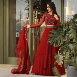 Layered Lehenga, blouse set in burnt red with Belt & ruffled organza dupatta