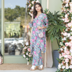Printed Co-Ord with asymetrical hem line paired with bell bottom style pants