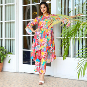 Printed co-ord set- Flared relaxed Fit tuic with printed fitted pants