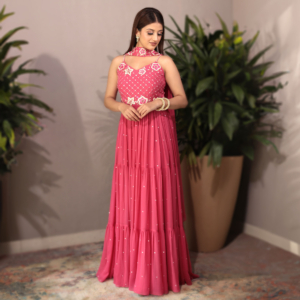 Strappy offshoulder georgette dress with tiered flare - thread and sequin embroidery.