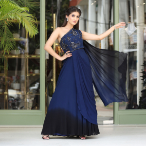 Off shoulder hand embroidred Saree drape Dress in Navy and black Ombray effect