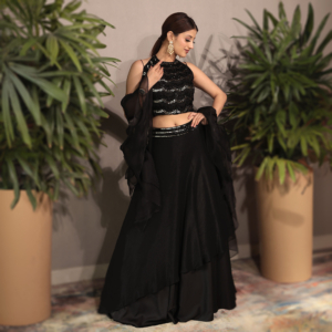 Halter neck blouse with tonal sequin & crystal embroidery with a satin layered skirt and a ruffled organza dupatta