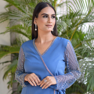 Ice Blue Co-ord set with hand embroidred  Tulle Sleeves