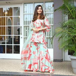 Printed suit with hand embroidered highlight & flared gharara & organza dupatta