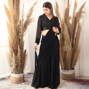 Blouse with Front & Back tonal hand embroidery, with a flared bottom with hand emb on each panel, a draped georgette dupatta with border emb.