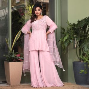 Short georgette kurta with tonal hand emb, flared georgette gharara and organza dupatta