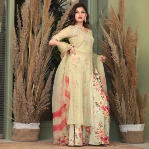 Anarkali kurta with Printed organza anarkali pallazo, organza dupatta with color block & 4 side scalloped embroidery