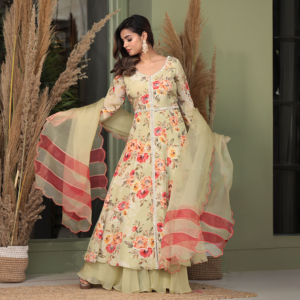 Printed Anarkali kurta with organza anarkali pallazo, organza dupatta with color block & 4 side scalloped embroidery