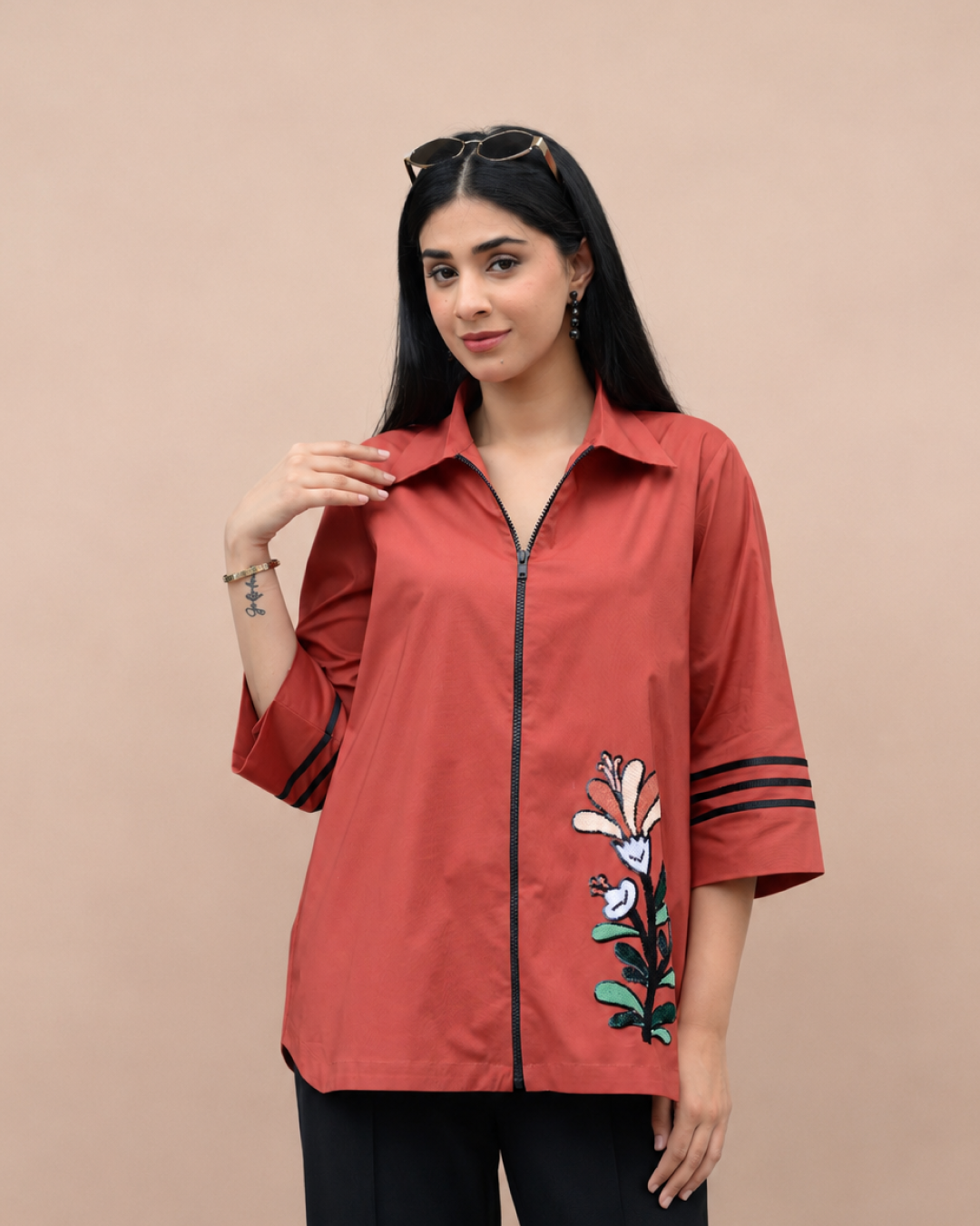 Rust Bloom Zip Shirt